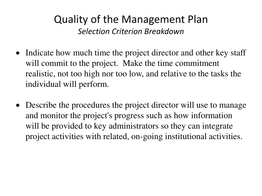 quality of the management plan selection