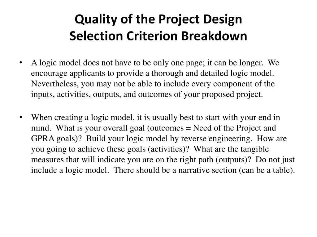 quality of the project design selection criterion 1