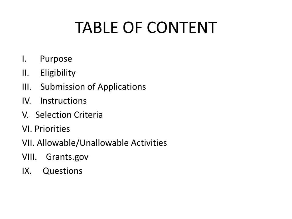 table of content