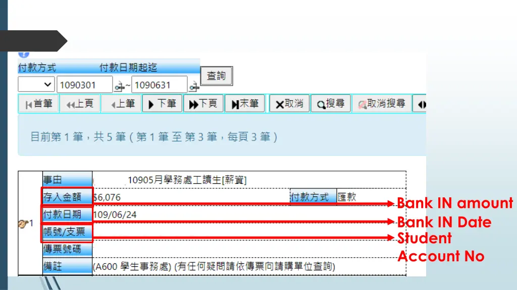 bank in amount bank in date student account no