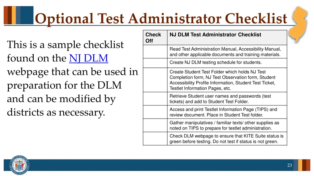 optional test administrator checklist