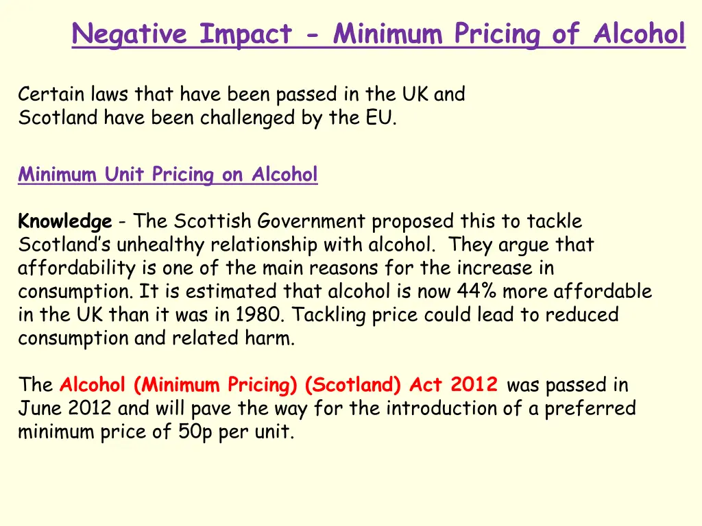 negative impact minimum pricing of alcohol