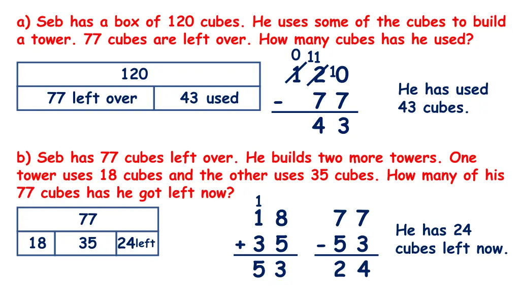 a seb has a box of 120 cubes he uses some