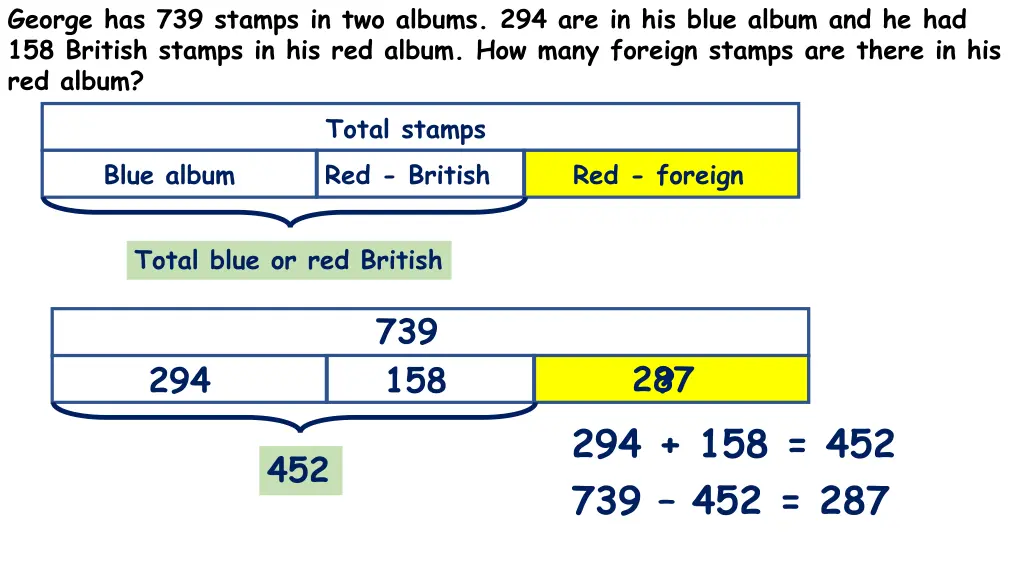 george has 739 stamps in two albums