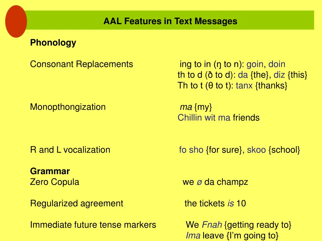 aal features in text messages