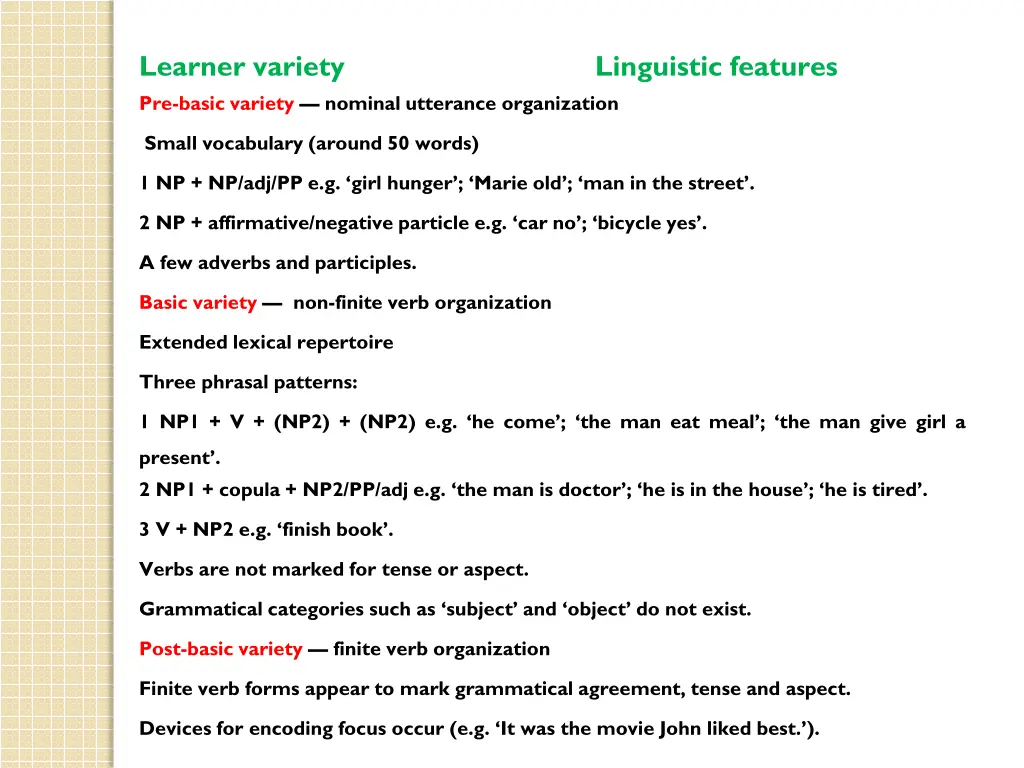 learner variety pre basic variety nominal