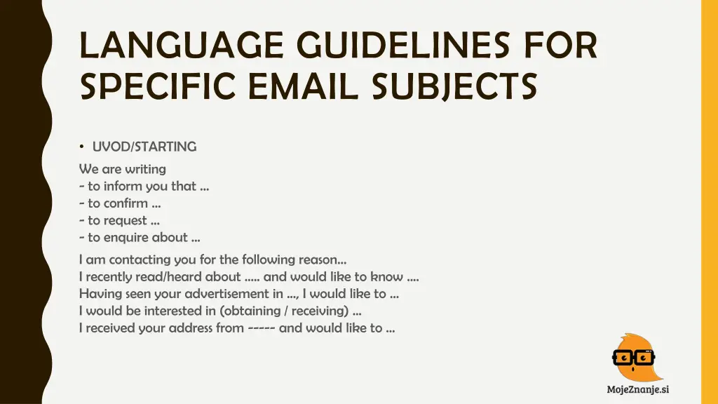 language guidelines for specific email subjects