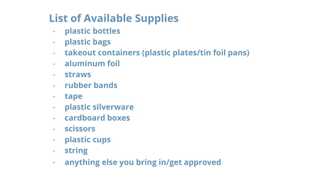 list of available supplies plastic bottles