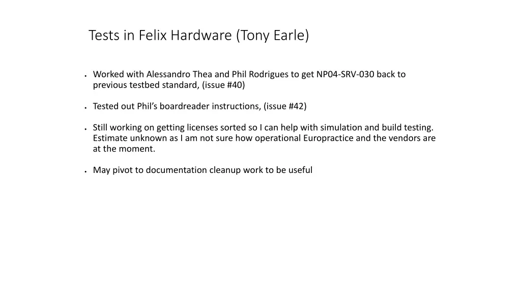 tests in felix hardware tony earle