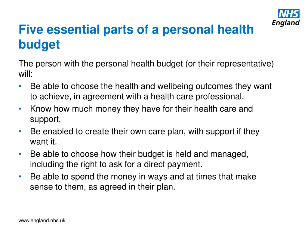 five essential parts of a personal health budget