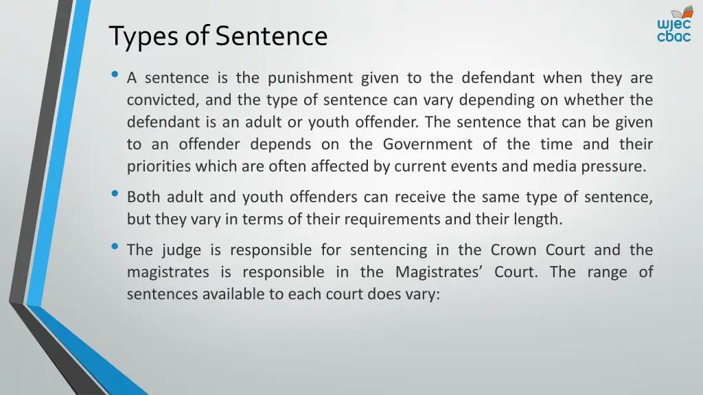 types of sentence a sentence is the punishment