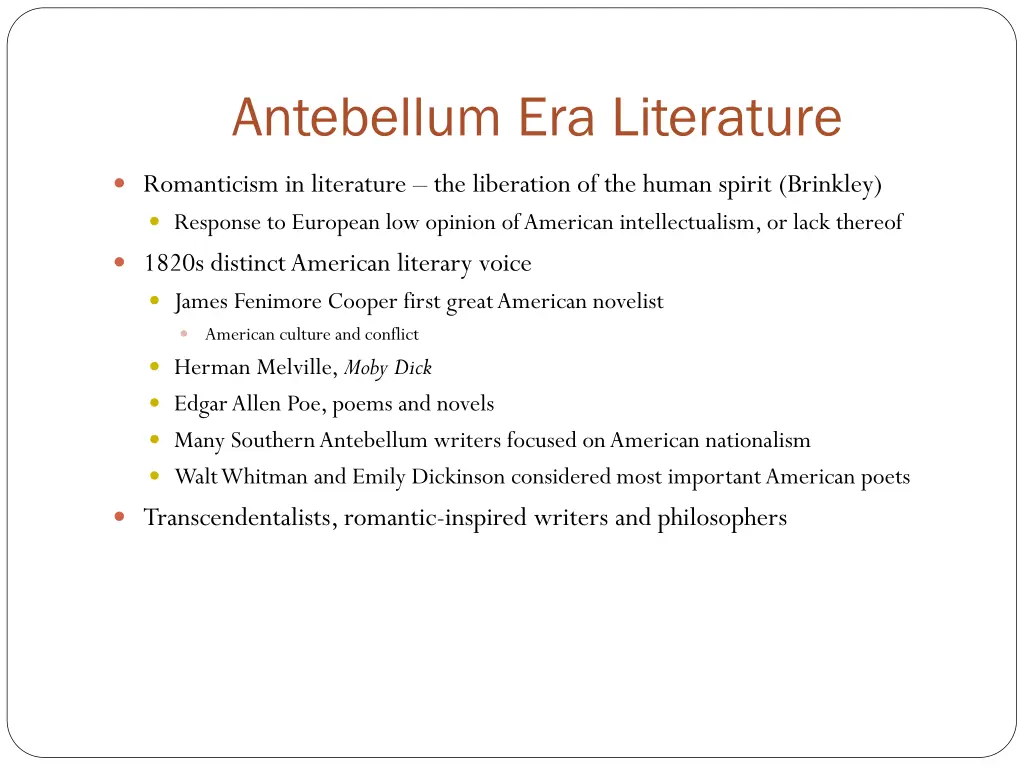 antebellum era literature