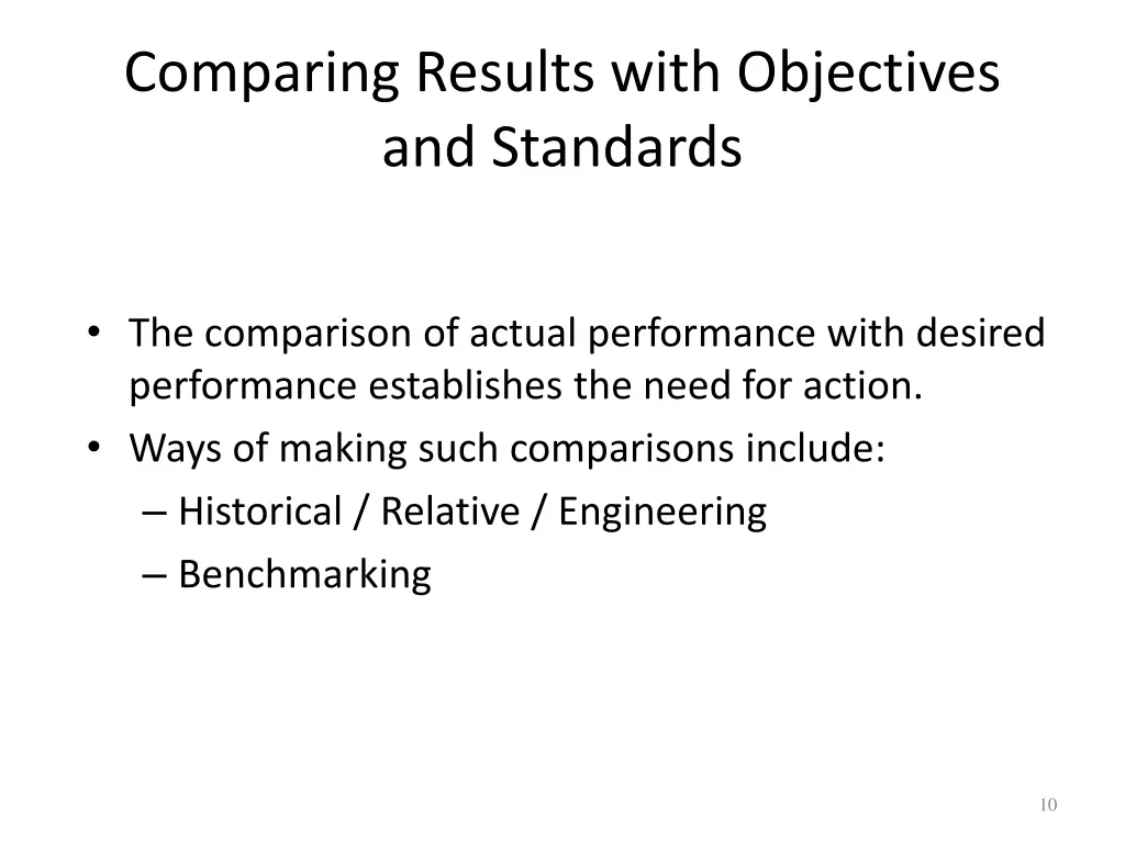 comparing results with objectives and standards