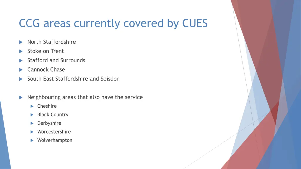 ccg areas currently covered by cues