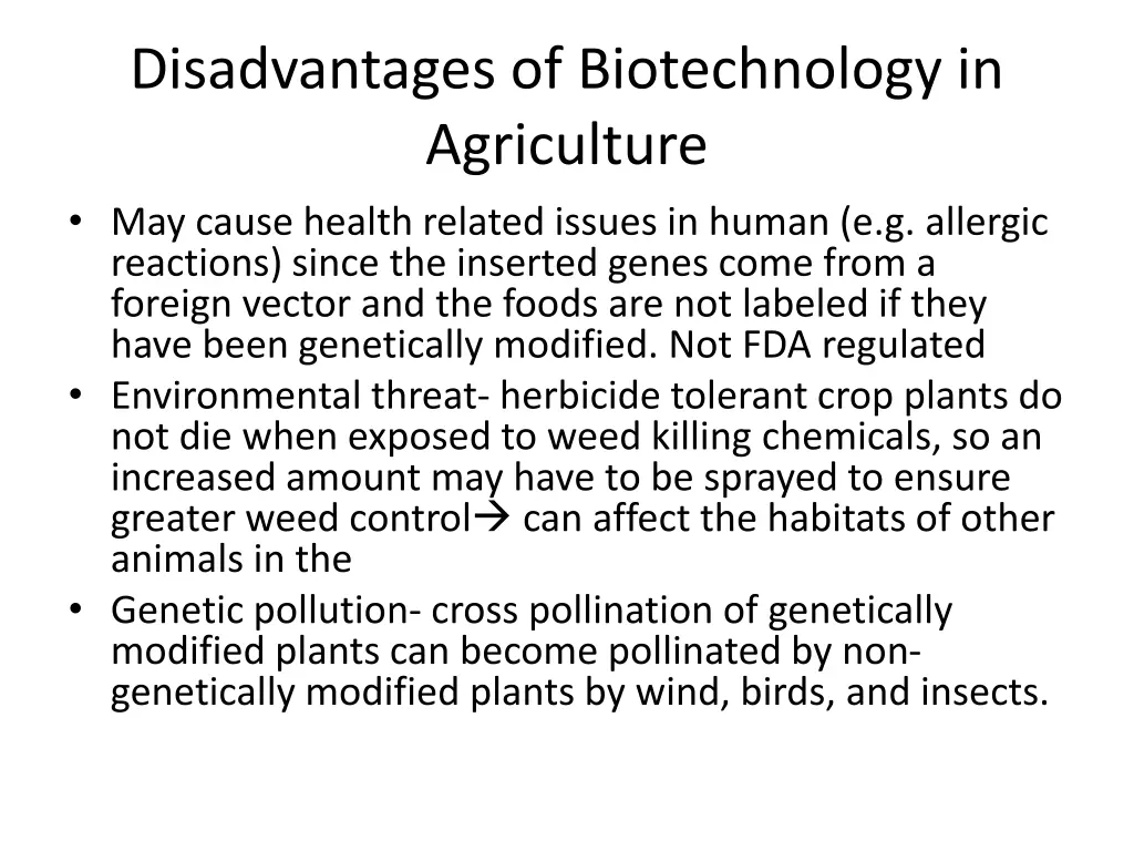 disadvantages of biotechnology in agriculture