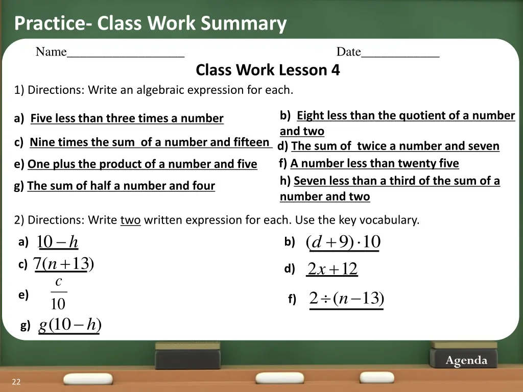 practice class work summary