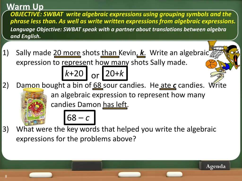 warm up objective swbat write algebraic