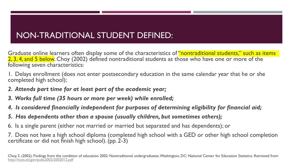 non traditional student defined