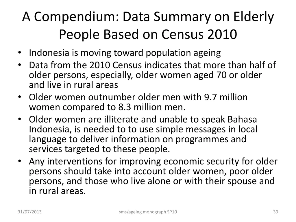 a compendium data summary on elderly people based