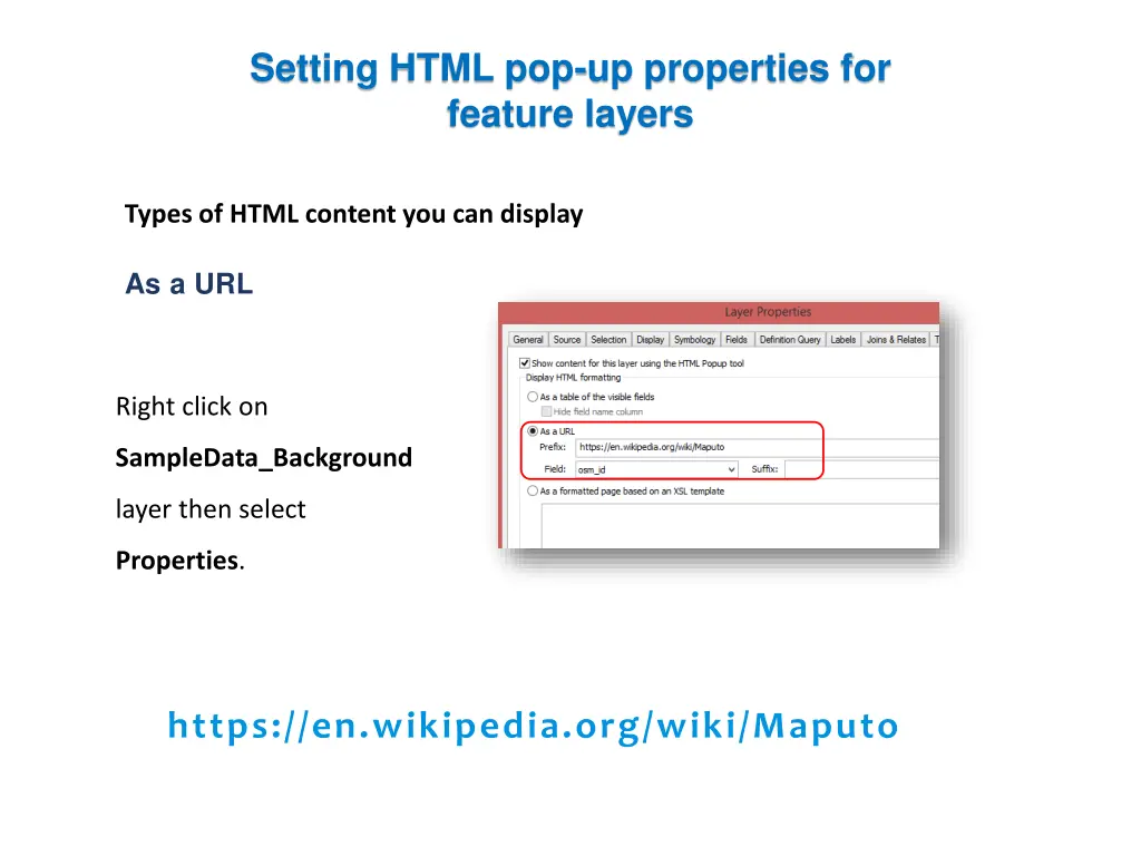 setting html pop up properties for feature layers 10