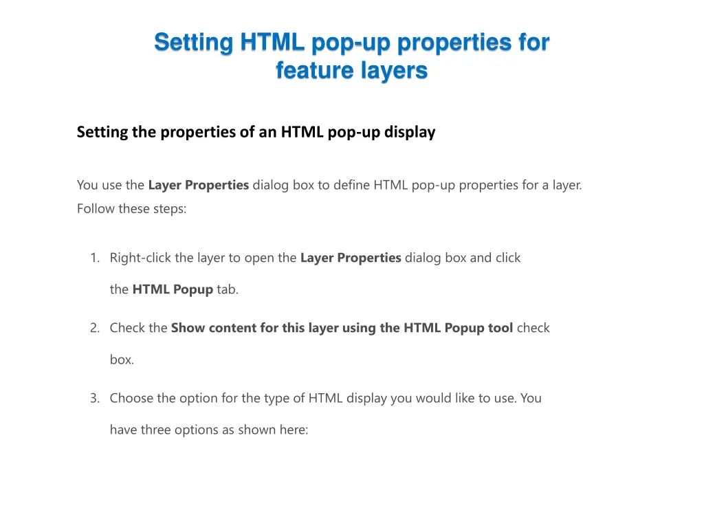 setting html pop up properties for feature layers