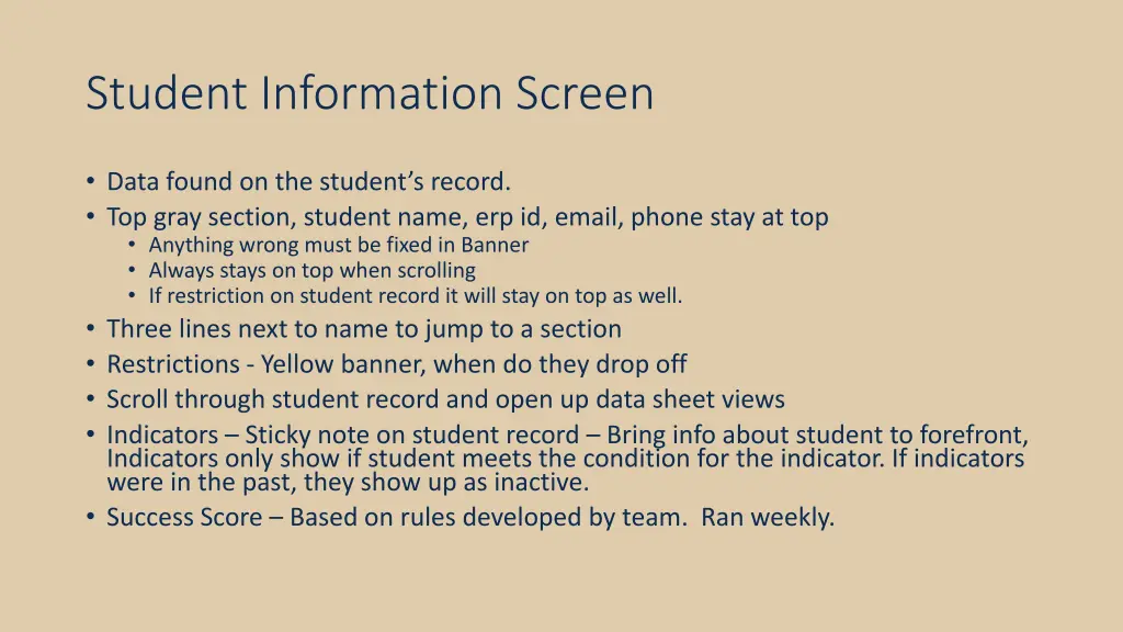 student information screen