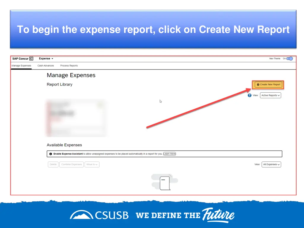 to begin the expense report click on create