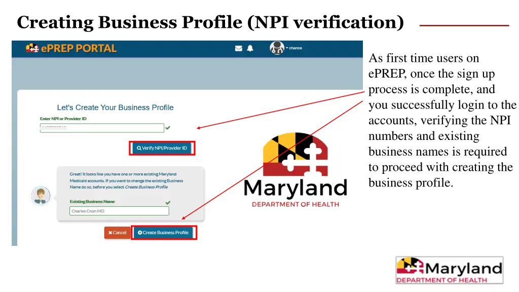 creating business profile npi verification