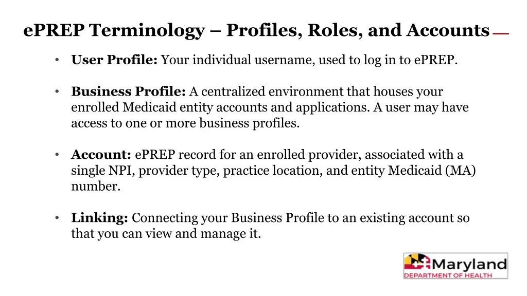 eprep terminology profiles roles and accounts