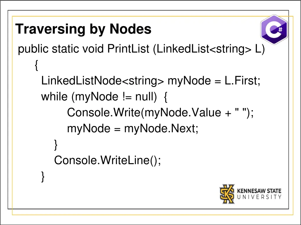 traversing by nodes public static void printlist