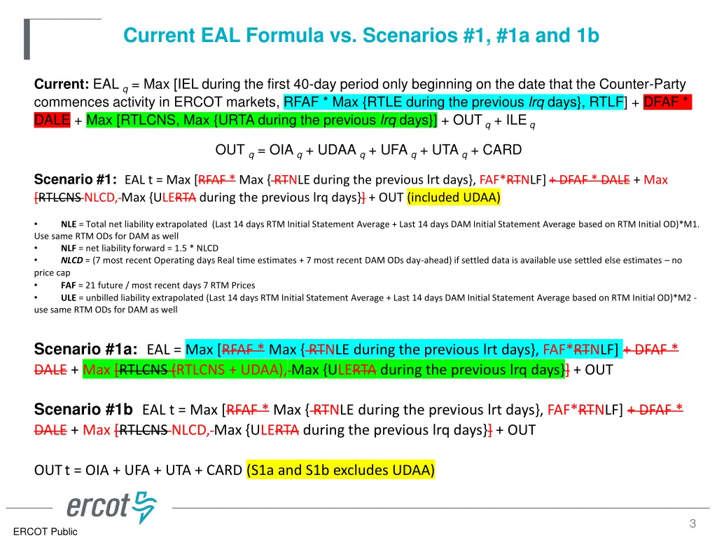 current eal formula vs scenarios 1 1a and 1b