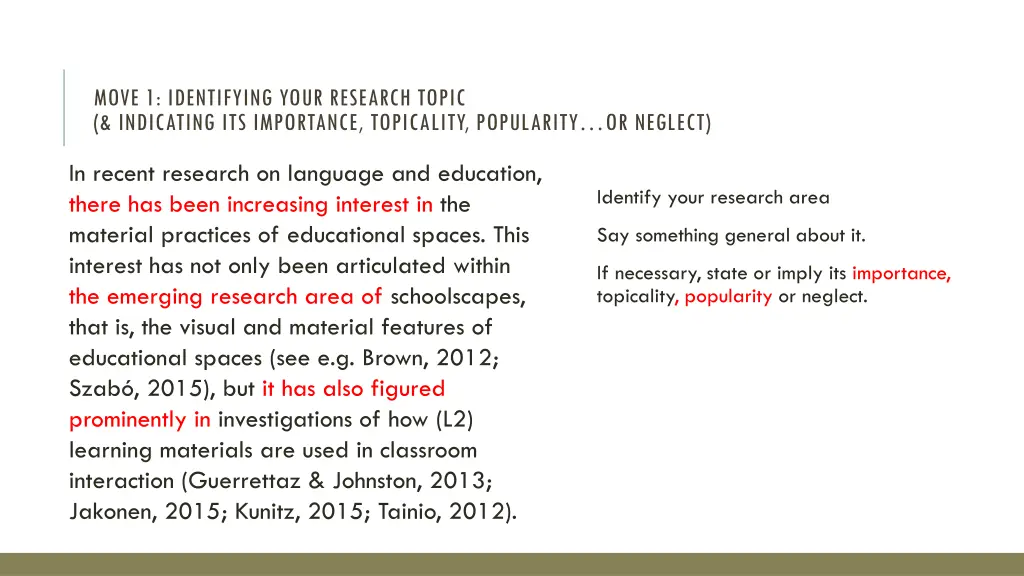 move 1 identifying your research topic indicating 1