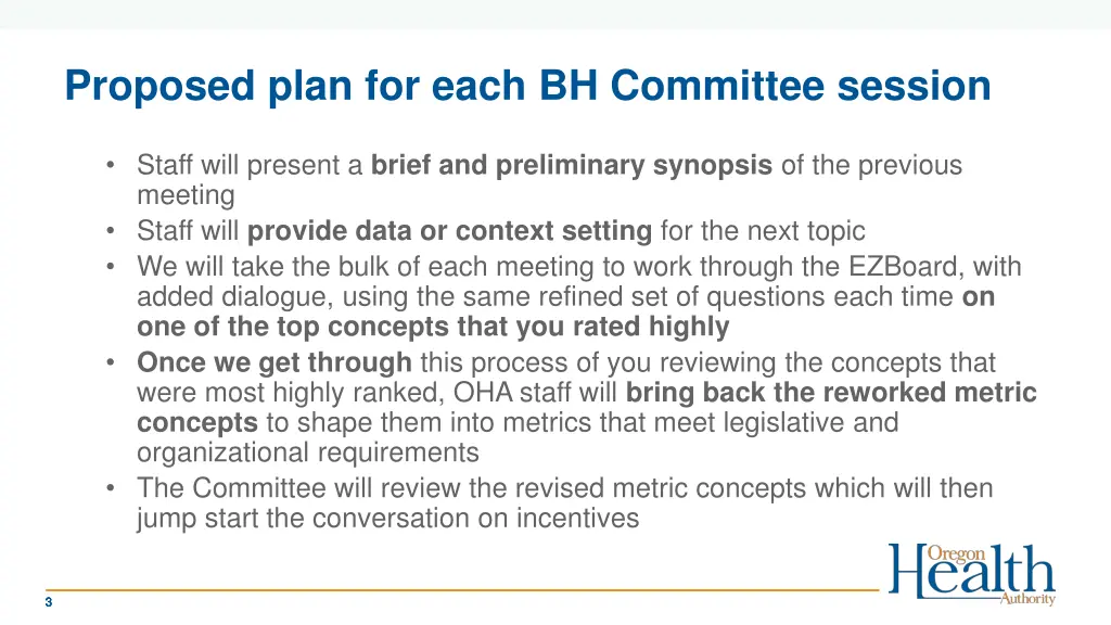 proposed plan for each bh committee session