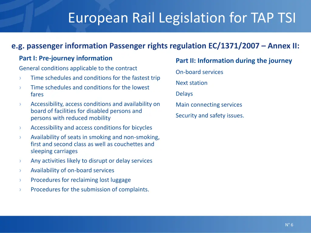 european rail legislation for tap tsi 1