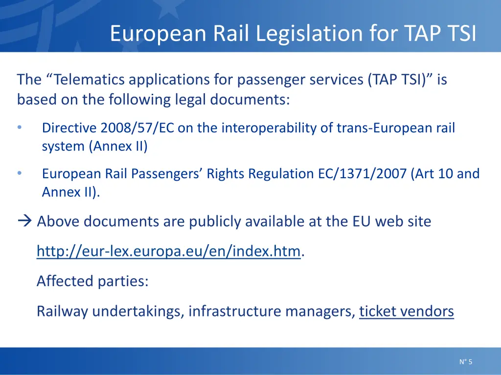 european rail legislation for tap tsi