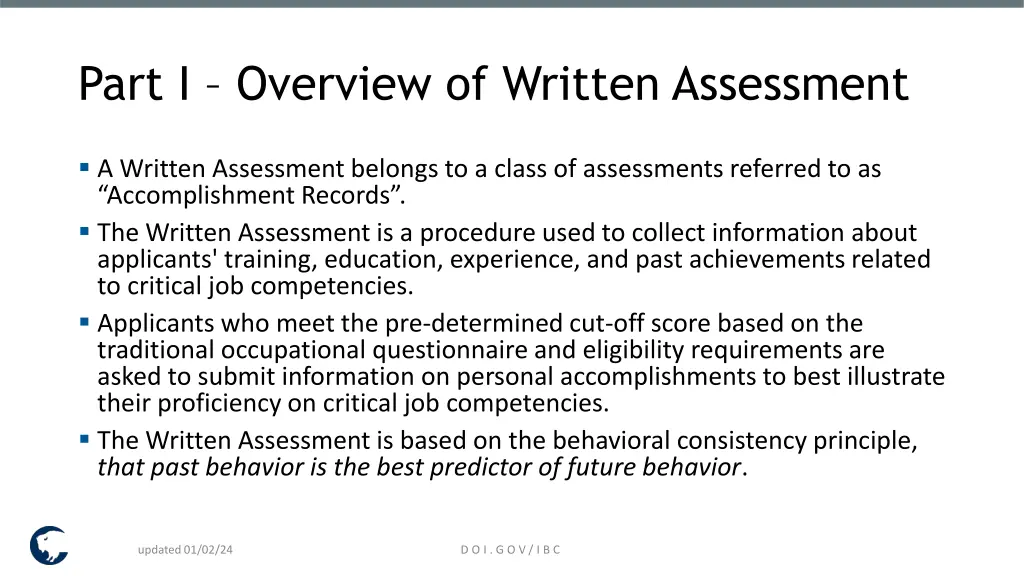 part i overview of written assessment