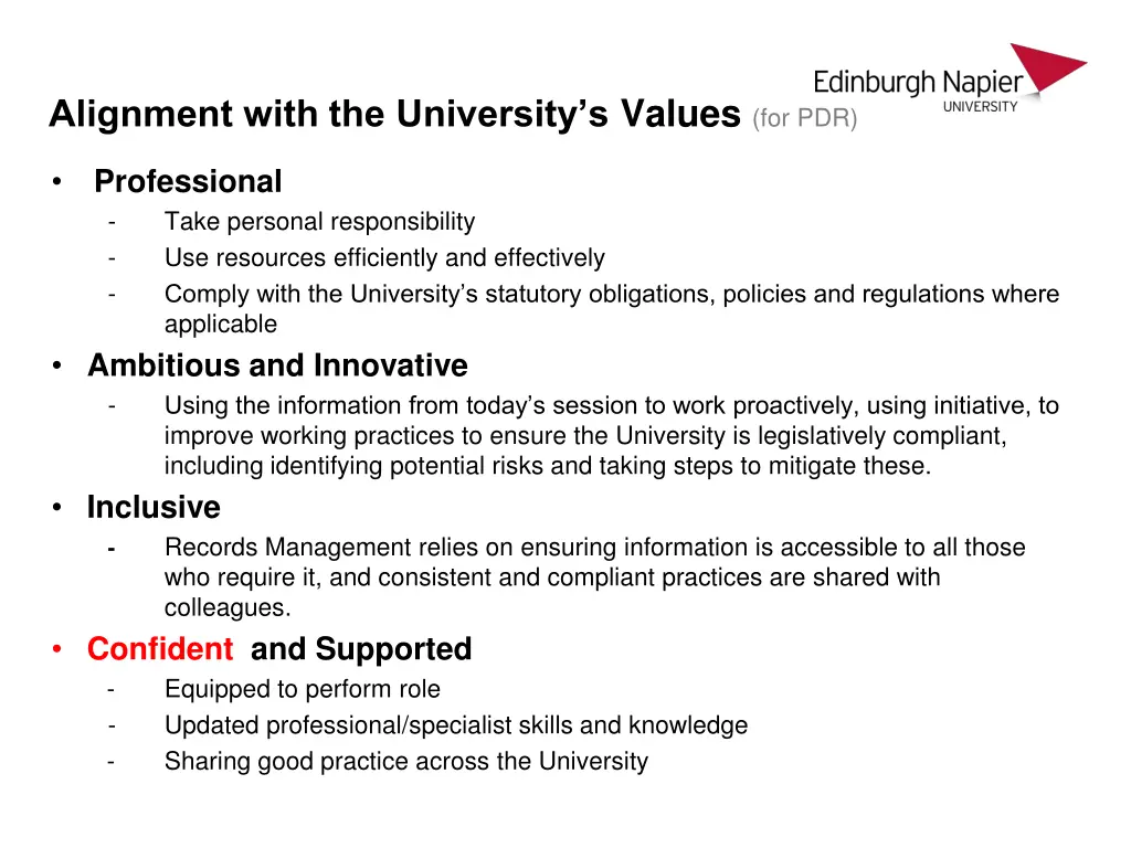 alignment with the university s values for pdr