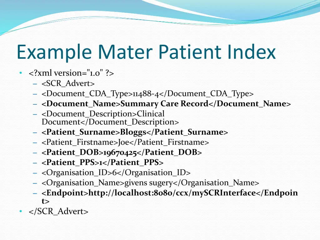 example mater patient index xml version