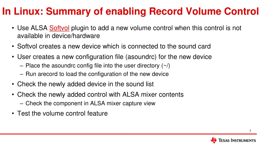 in linux summary of enabling record volume control