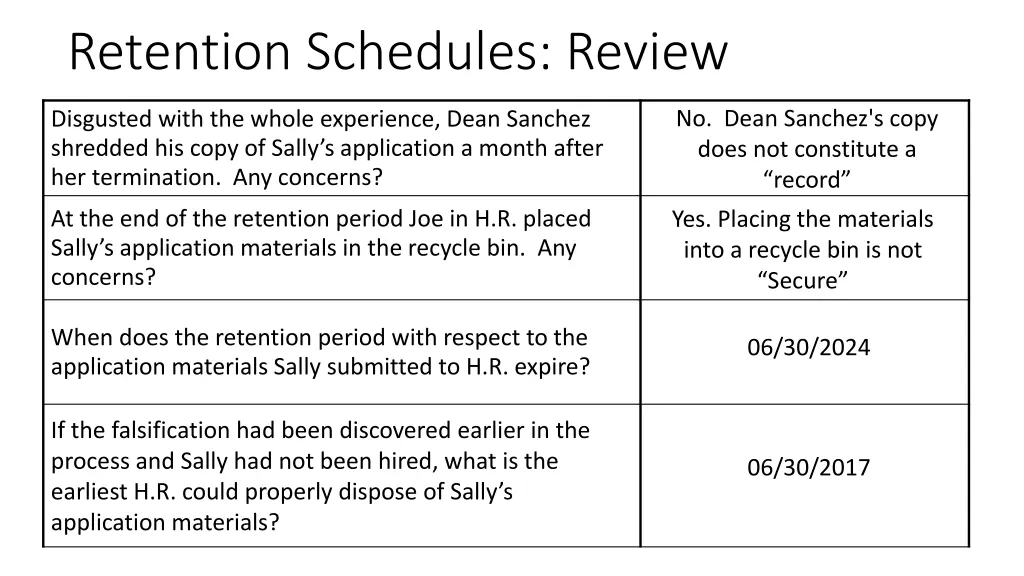 retention schedules review