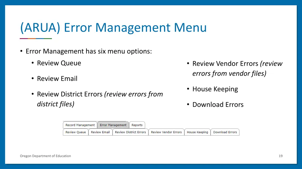 arua error management menu