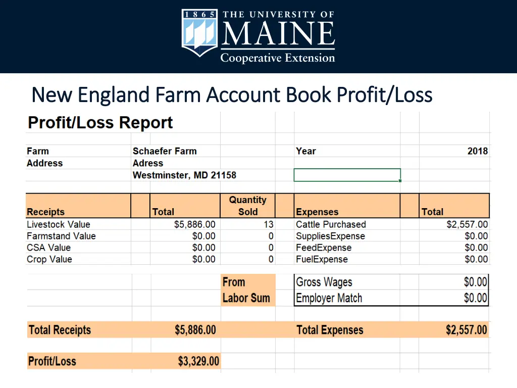 new england farm account book profit loss