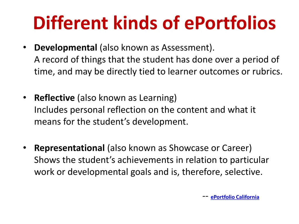 different kinds of eportfolios