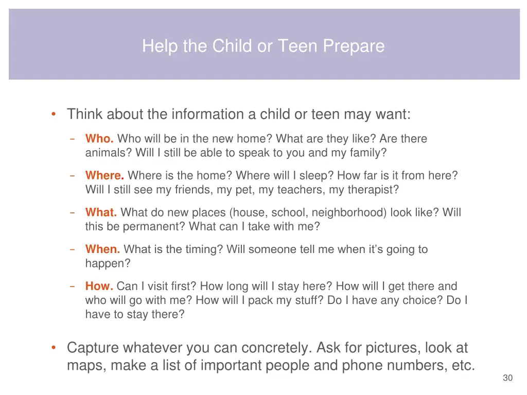 help the child or teen prepare 1