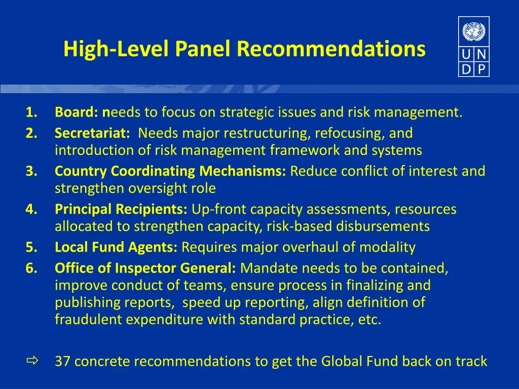 high level panel recommendations