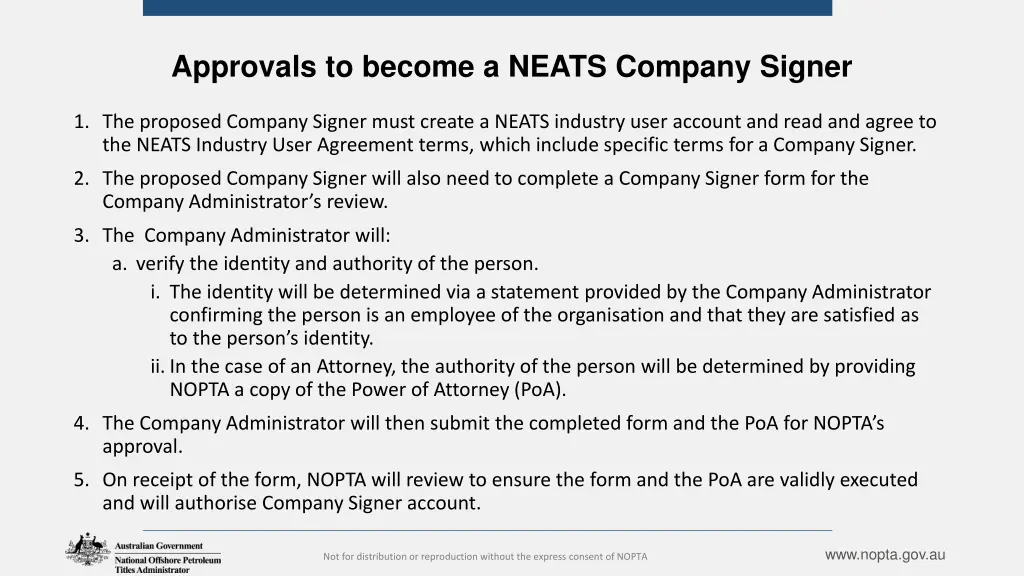 approvals to become a neats company signer