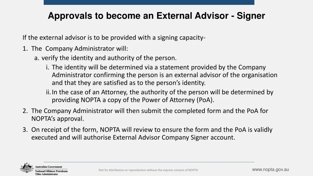 approvals to become an external advisor signer