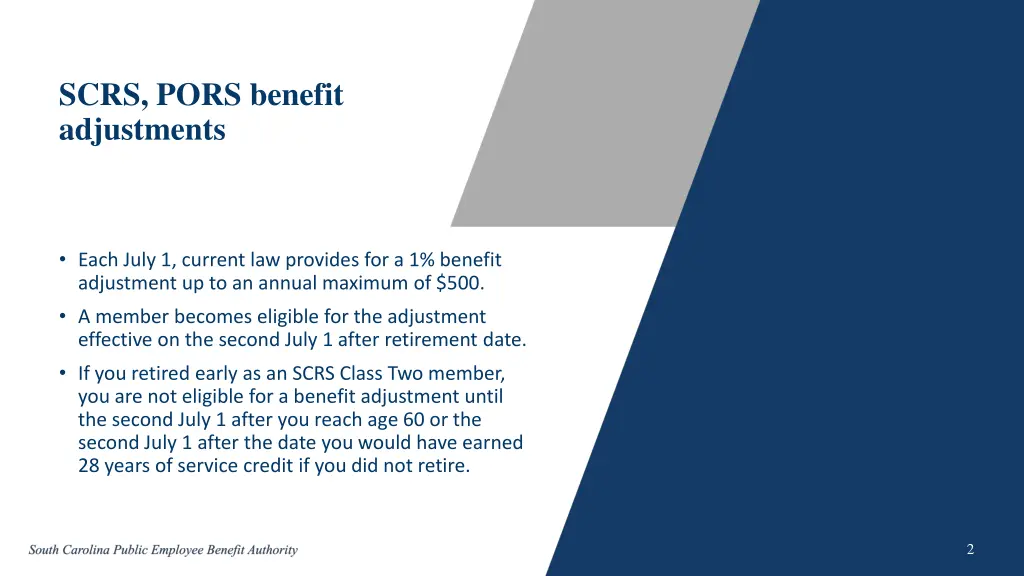 scrs pors benefit adjustments