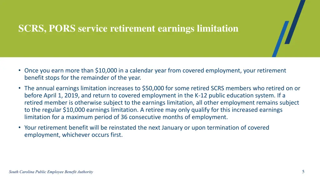 scrs pors service retirement earnings limitation