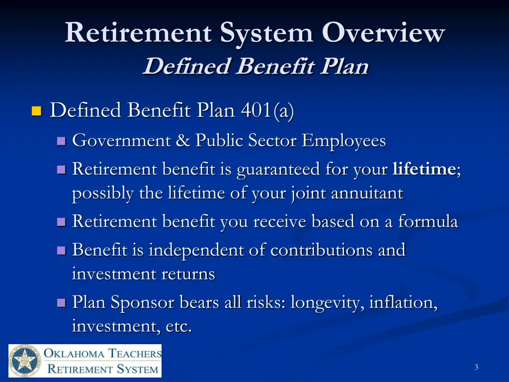 retirement system overview defined benefit plan